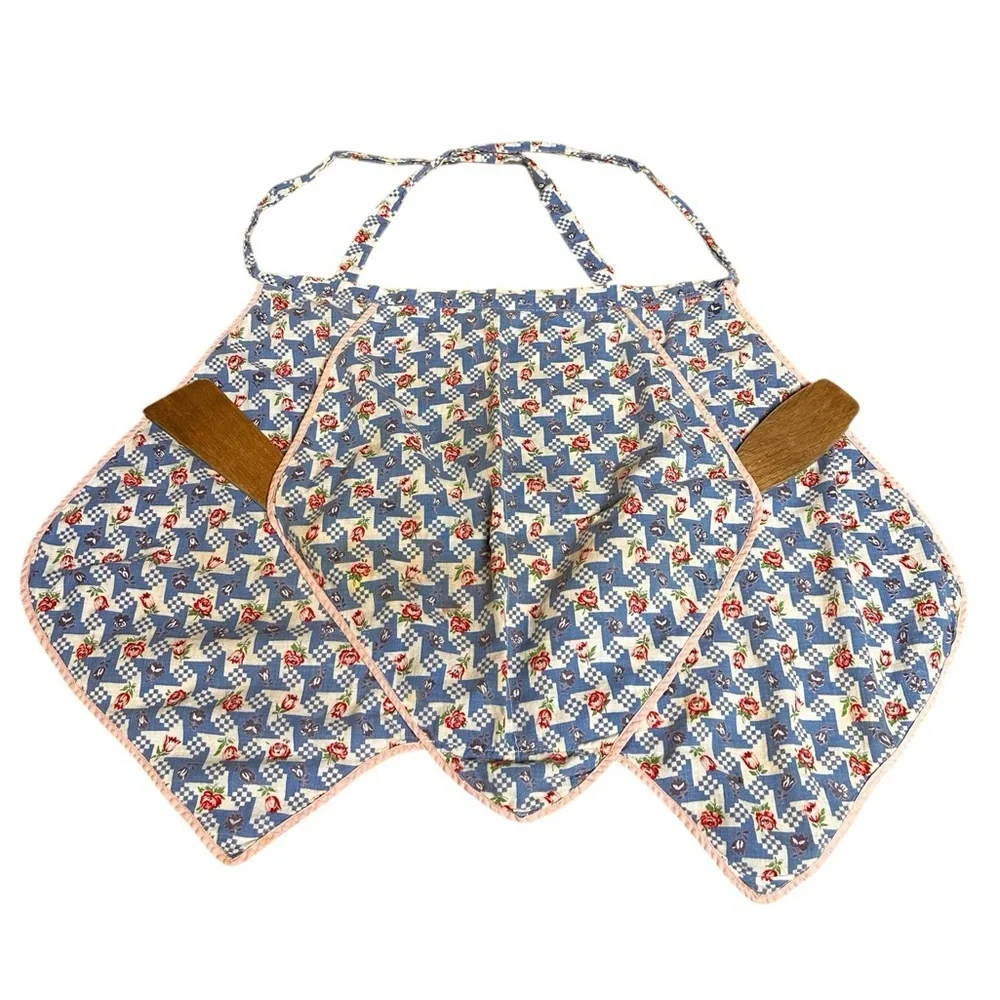 Vintage Waist Tie Apron Floral with Pocket Blue Red White And Green